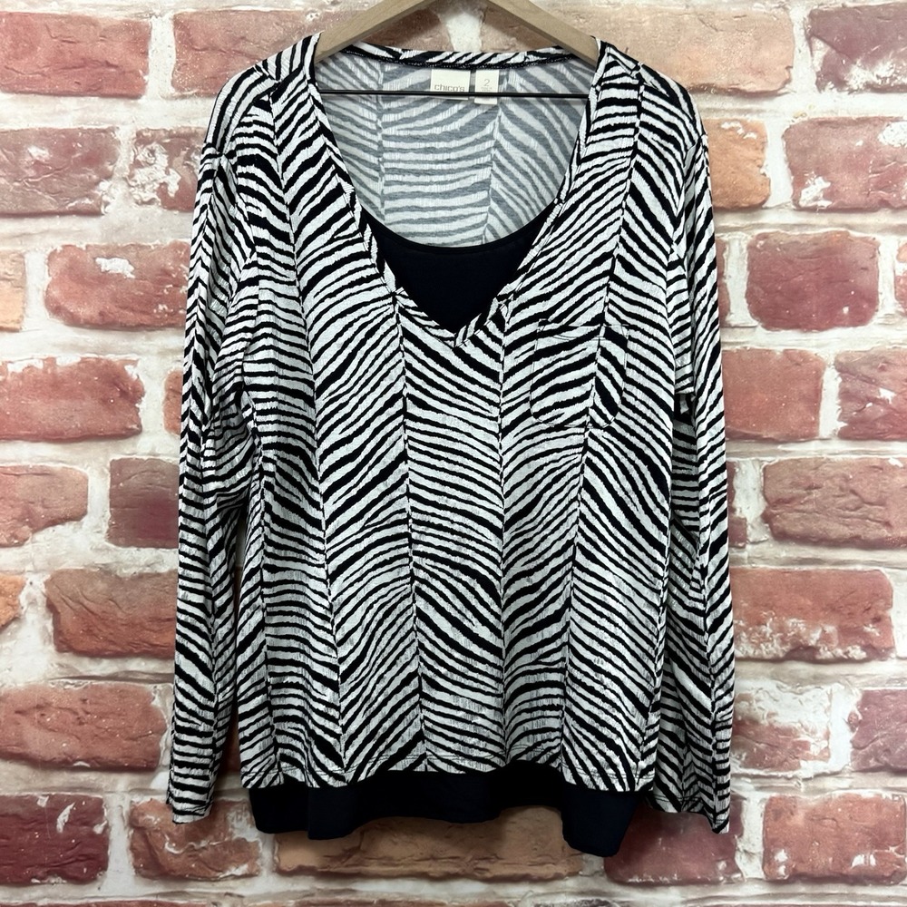 Chicos Top Womens L Black White Silver Metallic Zebra Animal Print Layered Shirt